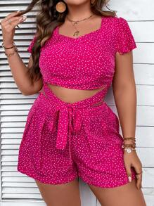 SHEIN Holidaya Plus Polka Dot Print Knot Front Crop Top & Shorts - Hot Pink - View 8