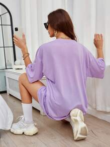 SHEIN EZwear Floral Print Drop Shoulder Oversized Tee - Lilac Purple - View 2