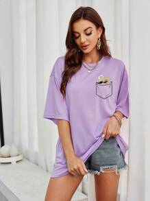 SHEIN EZwear Floral Print Drop Shoulder Oversized Tee - Lilac Purple - View 3