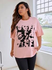 Flirla Camiseta de hombros caídos con estampado de figura - Rosa Pálido - Ver 3