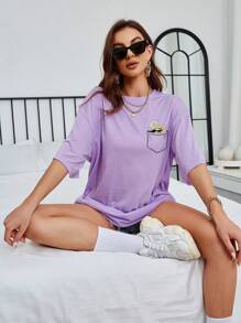 SHEIN EZwear Floral Print Drop Shoulder Oversized Tee - Lilac Purple - View 4