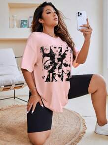 Flirla Camiseta de hombros caídos con estampado de figura - Rosa Pálido - Ver 4