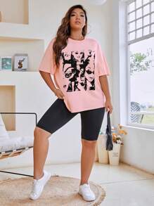 Flirla Camiseta de hombros caídos con estampado de figura - Rosa Pálido - Ver 5