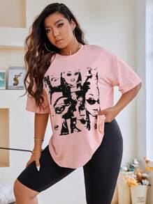 Flirla Camiseta de hombros caídos con estampado de figura - Rosa Pálido - Ver 6