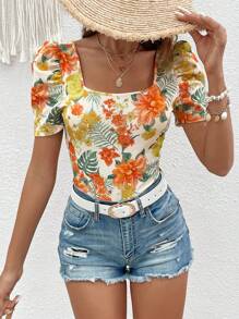 SHEIN VCAY Tropical Print Square Neck Puff Sleeve Tee