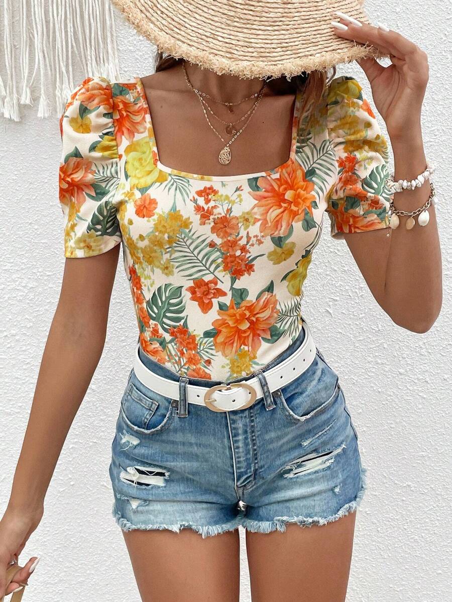 SHEIN VCAY Tropical Print Square Neck Puff Sleeve Tee