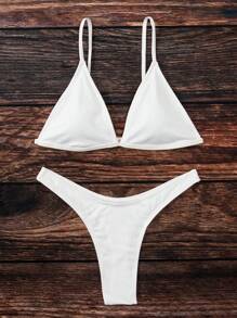 SHEIN Swim Summer Beach Rib Triangle High Cut Bikini Set - White - View 5