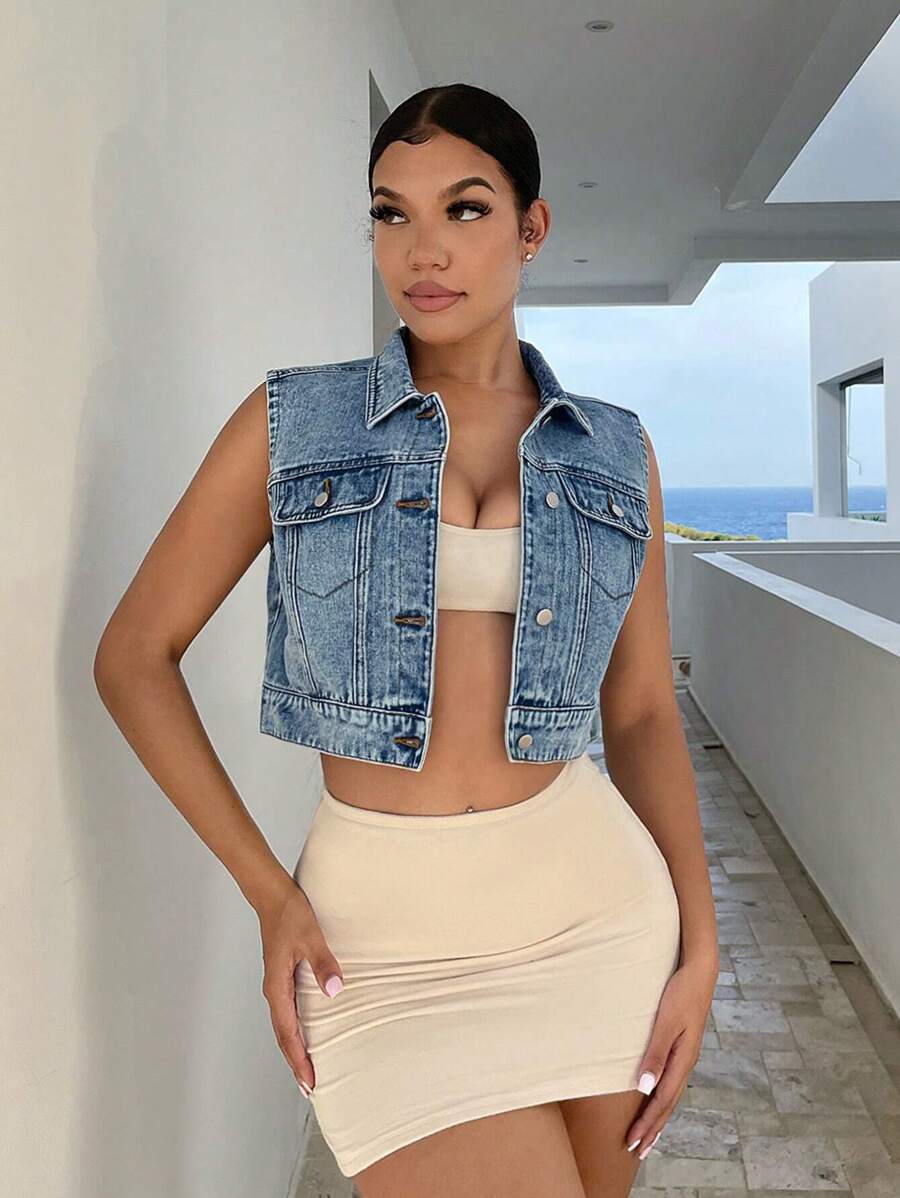 SHEIN SXY Flap Pocket Button Front Crop Denim Vest Jacket, Fall Women Clothes - Light Wash - View 1