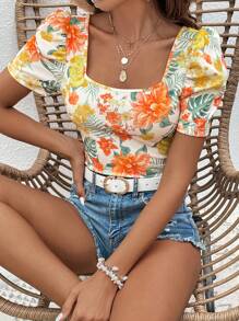 SHEIN VCAY Tropical Print Square Neck Puff Sleeve Tee