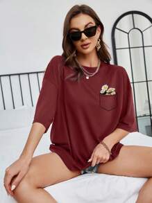 INAWLY Áo thun hở vai in họa tiết hoa Áo thun họa tiết cho nữ - Màu Đỏ Sâu - Xem 4