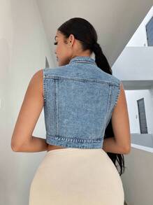 SHEIN SXY Flap Pocket Button Front Crop Denim Vest Jacket, Fall Women Clothes - Light Wash - View 2