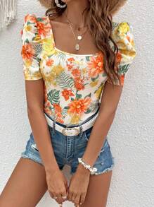 SHEIN VCAY Tropical Print Square Neck Puff Sleeve Tee