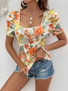 SHEIN VCAY Tropical Print Square Neck Puff Sleeve Tee
