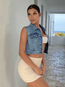 SHEIN SXY Flap Pocket Button Front Crop Denim Vest Jacket, Fall Women Clothes - Light Wash - View 5