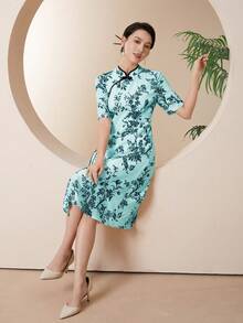 Floral Print Mandarin Collar Contrast Binding Dress - Mint Blue - View 5
