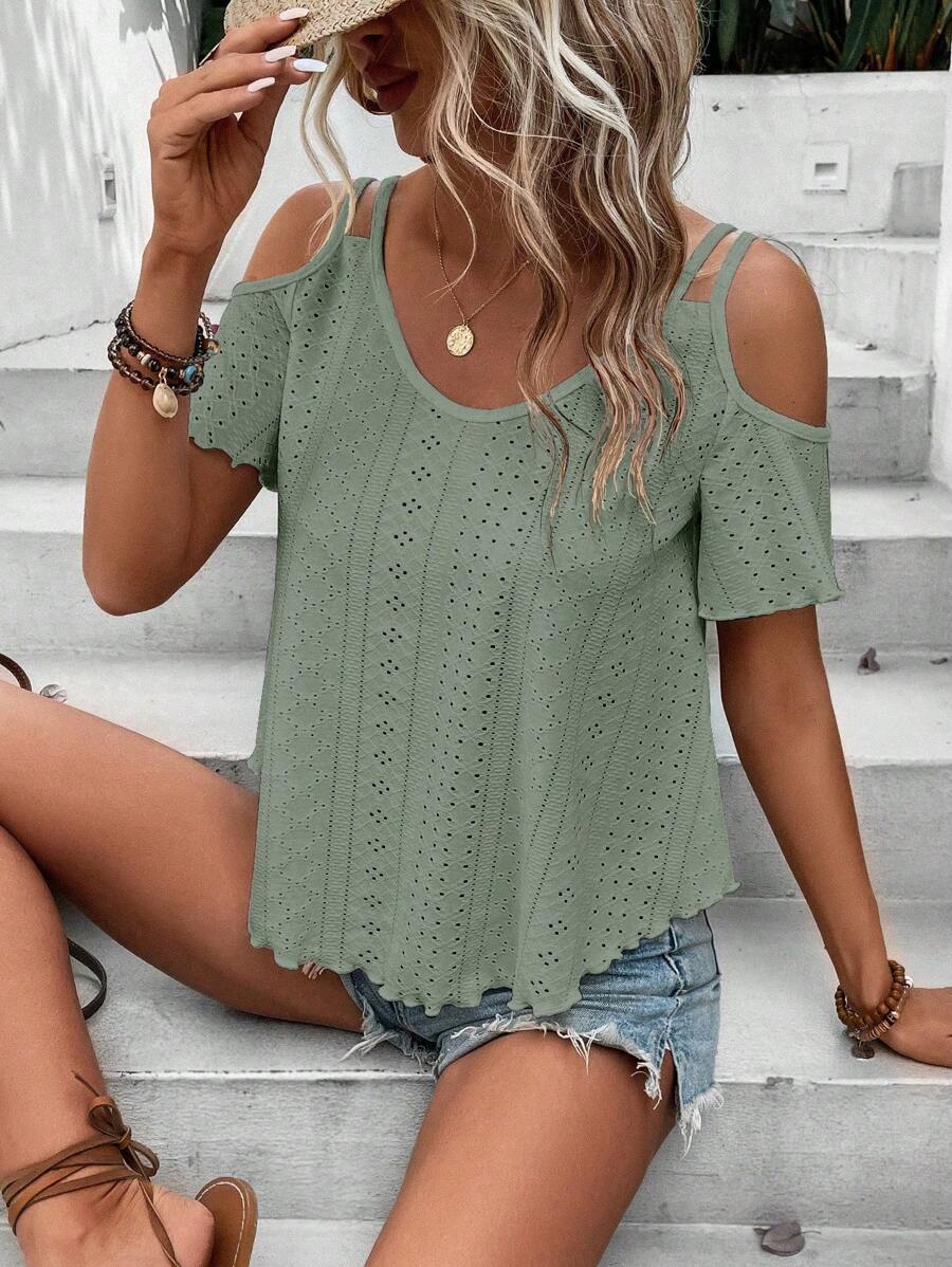 SHEIN LUNE 挖肩網眼刺繡T恤 - 綠色 - 查看 1