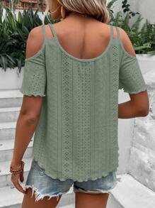 SHEIN LUNE 挖肩網眼刺繡T恤 - 綠色 - 查看 2