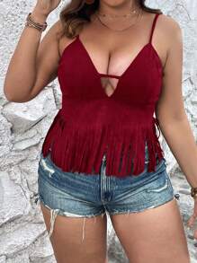 Breezaya Áo hai dây Plus Size Cắt ra mép màu trơn Gợi cảm - Màu Đỏ Sâu - Xem 1