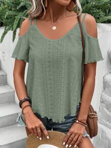 SHEIN LUNE 挖肩網眼刺繡T恤 - 綠色 - 查看 3