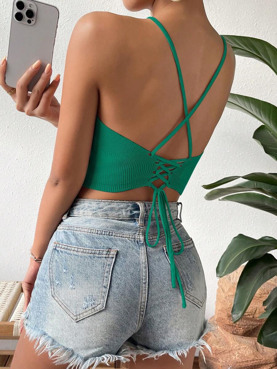 SHEIN VCAY Áo dệt kim nữ Lộ Lưng Ren lên Gân đan màu trơn Gợi cảm - Màu xanh lá cây đậm - Xem 1