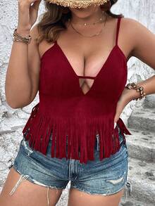 Breezaya Áo hai dây Plus Size Cắt ra mép màu trơn Gợi cảm - Màu Đỏ Sâu - Xem 3