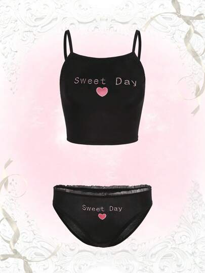 Kawaii Letter Heart Embroidery Frill Trim Lingerie Set