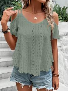 SHEIN LUNE 挖肩網眼刺繡T恤 - 綠色 - 查看 5