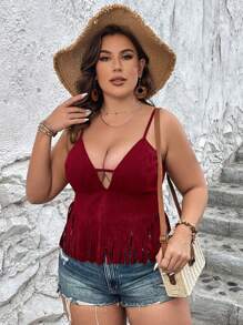 Breezaya Áo hai dây Plus Size Cắt ra mép màu trơn Gợi cảm - Màu Đỏ Sâu - Xem 5