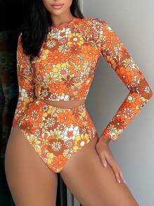 SHEIN Swim Summer Beach Floral Print High Waisted Rashguard - Orange - View 2