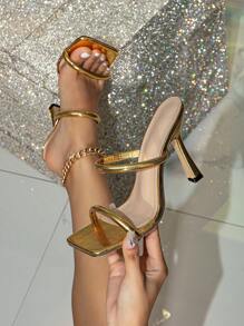 Xăng đan mule quyến rũ cho nữ, Xăng đan cao gót kim tự tháp ánh kim - Vàng - Xem 5