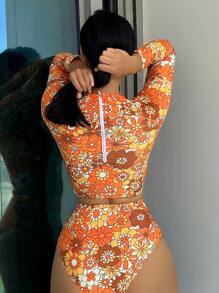 SHEIN Swim Summer Beach Floral Print High Waisted Rashguard - Orange - View 1