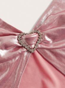 SHEIN ICON Metallic Rhinestone Heart Ring Linked Tie Backless Halter Top