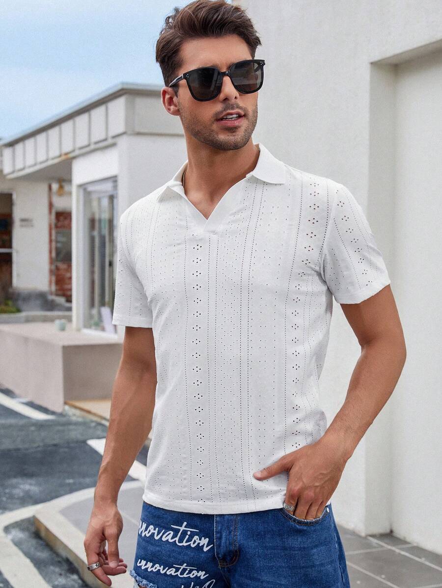 Manfinity Homme Men Solid Eyelet Embroidery Polo Shirt - White - View 1