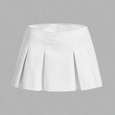 솔리드 플리티드 PU 가죽 스커트