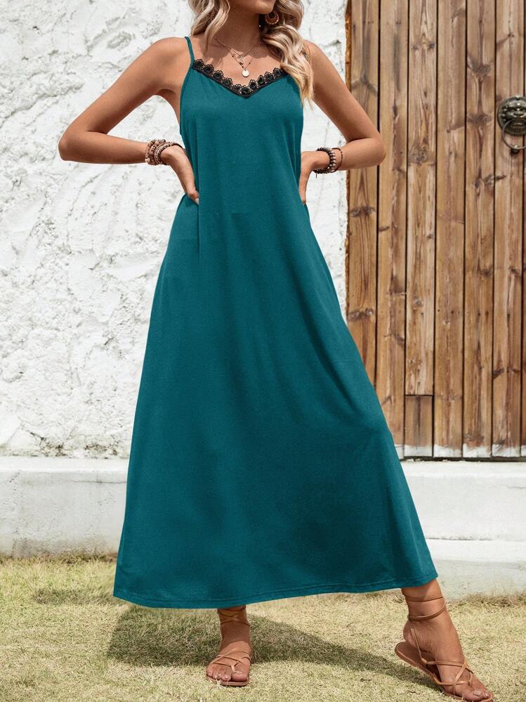 SHEIN LUNE Đầm Tương phản ren Túi màu trơn Giải trí - Màu xanh ngọc - Xem 4