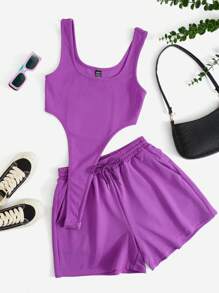 SHEIN EZwear 素色高衩連體衣和腰部抽繩短褲 - 紫色 - 查看 1