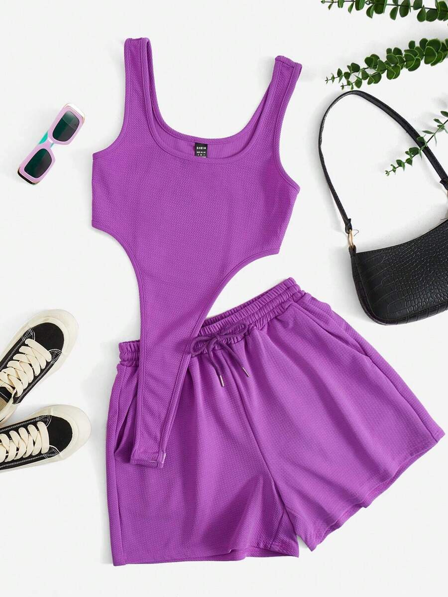 SHEIN EZwear 素色高衩連體衣和腰部抽繩短褲 - 紫色 - 查看 1