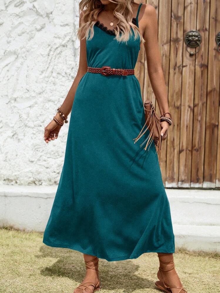 SHEIN LUNE Đầm Tương phản ren Túi màu trơn Giải trí - Màu xanh ngọc - Xem 5