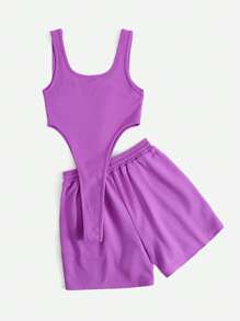 SHEIN EZwear 素色高衩連體衣和腰部抽繩短褲 - 紫色 - 查看 2