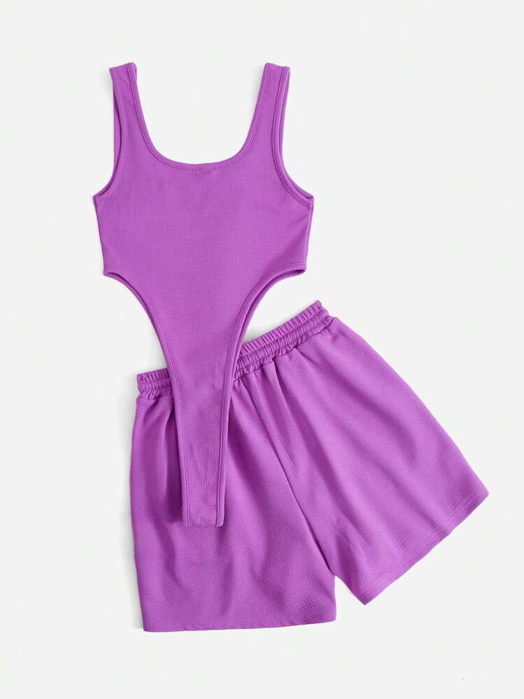 SHEIN EZwear 無地柄 ハイカット ボディスーツ & ドローストリングウエスト ショートパンツ - パープル - 見る 2