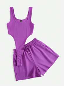 SHEIN EZwear 素色高衩連體衣和腰部抽繩短褲 - 紫色 - 查看 3