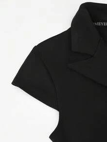 HOMEYEE 西裝領雙排釦翻蓋細節緊身連衣裙 - 黑色 - 查看 6