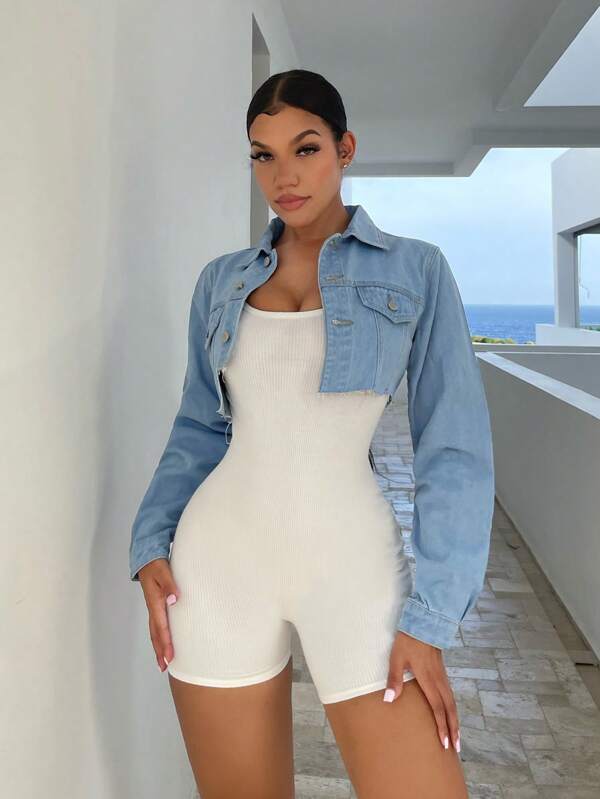 SHEIN SXY Flap Pocket Crop Denim Jacket Without Unitard Romper, Fall Women Clothes