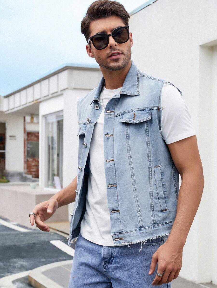 Manfinity Homme Men Cotton Flap Detail Denim Vest Jacket - Light Wash - View 1