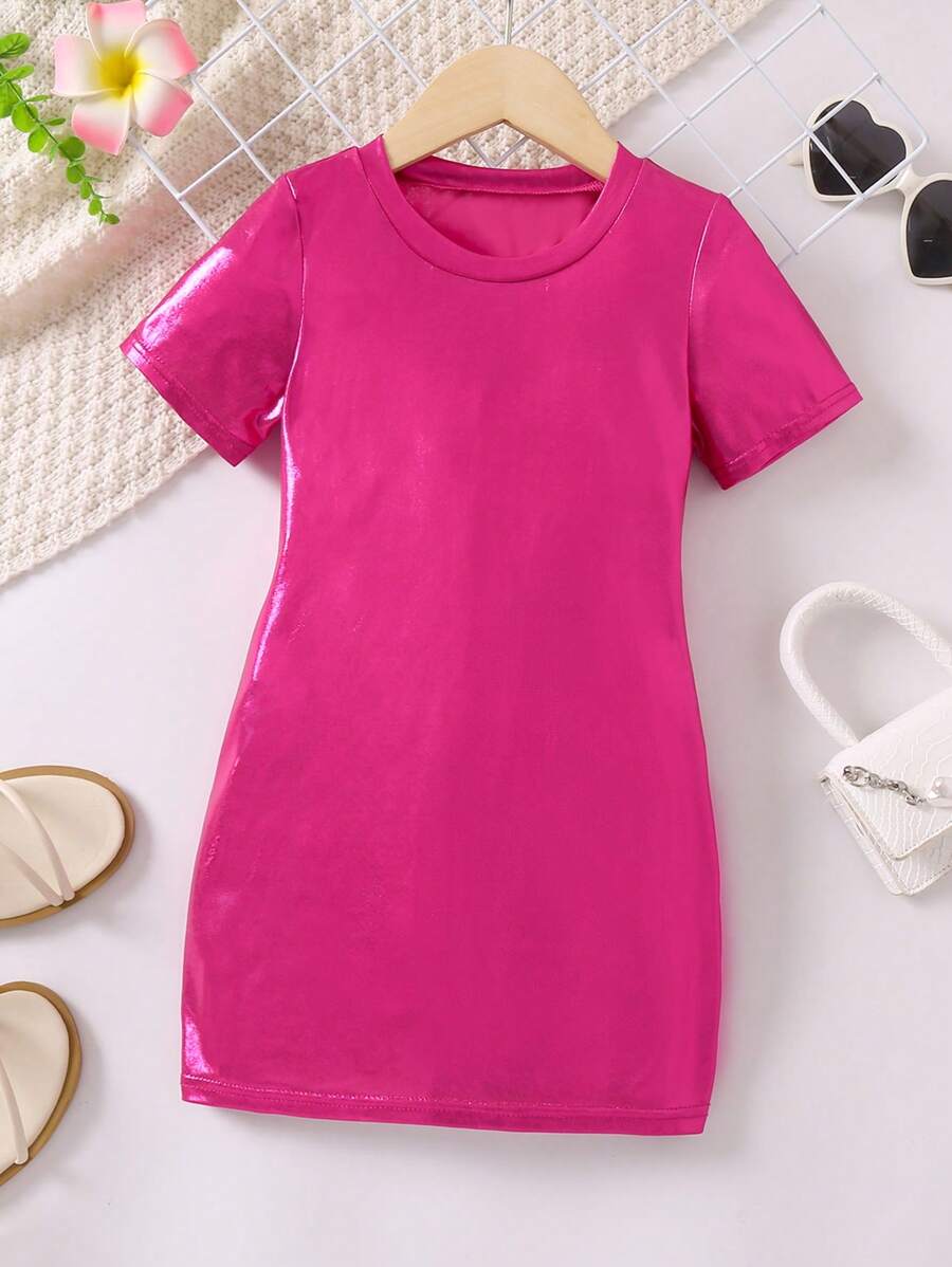 SHEIN Váy mùa hè màu hồng cô gái trẻ phong cách dễ thương và đơn giản với đường viền cổ tròn và tay áo thông thường - Màu Hồng Tươi - Xem 1