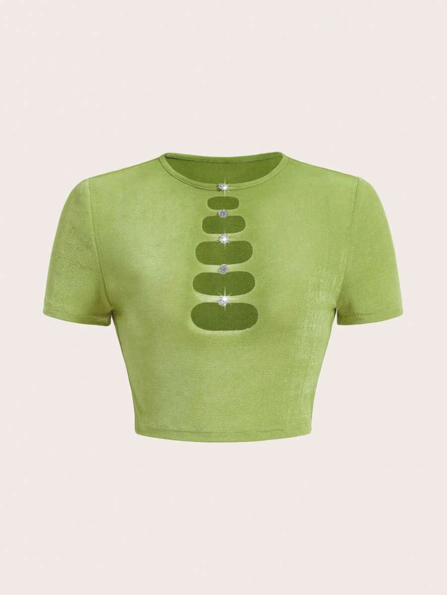 SHEIN ICON Áo thun nữ Cắt ra màu trơn Gợi cảm - Màu xanh chanh - Xem 1