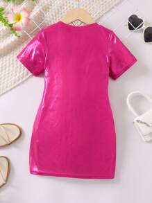 SHEIN Váy mùa hè màu hồng cô gái trẻ phong cách dễ thương và đơn giản với đường viền cổ tròn và tay áo thông thường - Màu Hồng Tươi - Xem 2