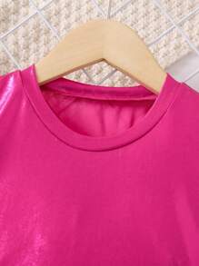 SHEIN Váy mùa hè màu hồng cô gái trẻ phong cách dễ thương và đơn giản với đường viền cổ tròn và tay áo thông thường - Màu Hồng Tươi - Xem 3