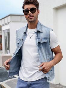 Manfinity Homme Men Cotton Flap Detail Denim Vest Jacket - Light Wash - View 3