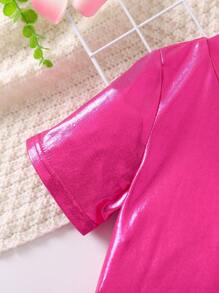 SHEIN Váy mùa hè màu hồng cô gái trẻ phong cách dễ thương và đơn giản với đường viền cổ tròn và tay áo thông thường - Màu Hồng Tươi - Xem 4